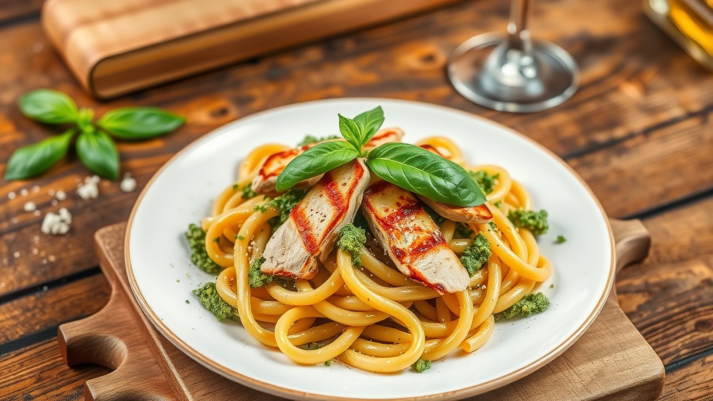 Creamy Chicken Pesto Penne Pasta Recipe A colorful plate of Chicken Pesto Penne pasta with grilled chicken and pesto sauce, garnished with basil and Parmesan on a wooden table.